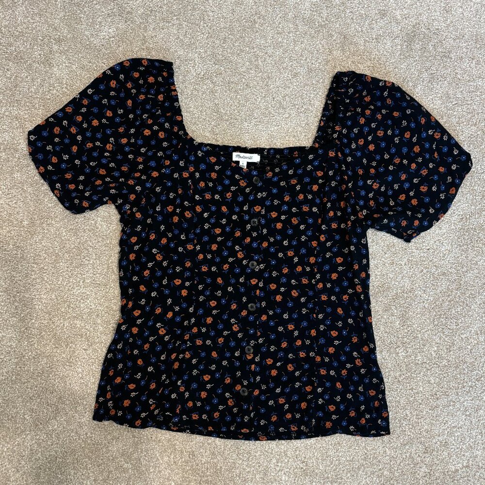 Madewell Short Sleeve Button Up Floral Top in Black - Size Small
